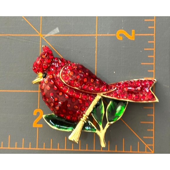 Red Cardinal Bird Brooch Enamel Rhinestone Pin Costume Jewelry - Picture 5 of 5